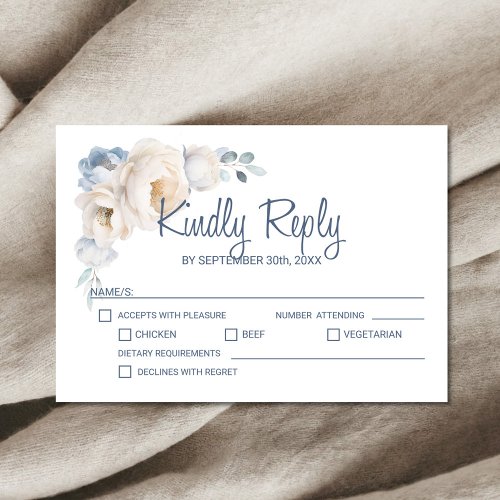 Dusty Blue White Floral Wedding RSVP Card