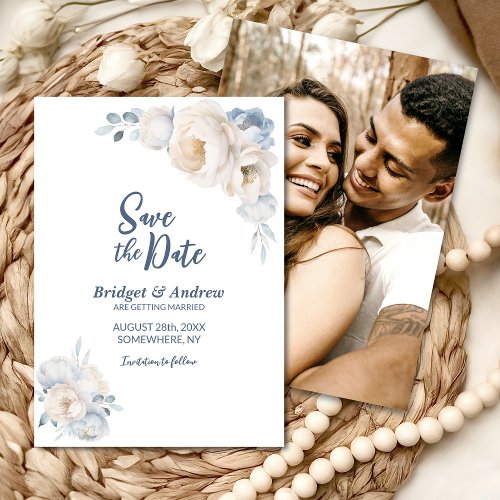 Dusty Blue White Floral Wedding Save The Date