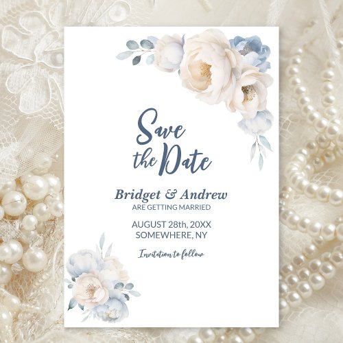 Dusty Blue White Floral Wedding Save The Date
