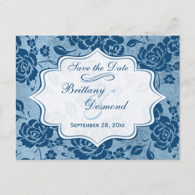 Dusty Blue White Floral Wedding Save the Date Card (Front)