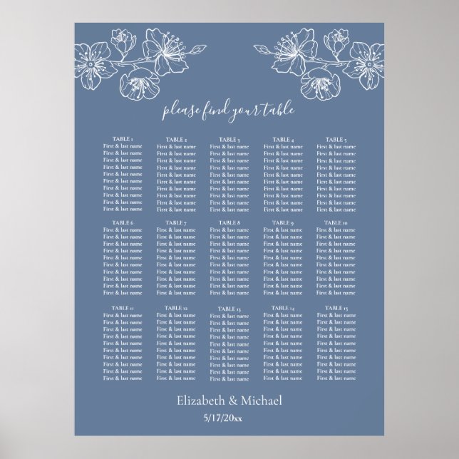 Dusty Blue White Floral | Wedding Seating Chart (Front)