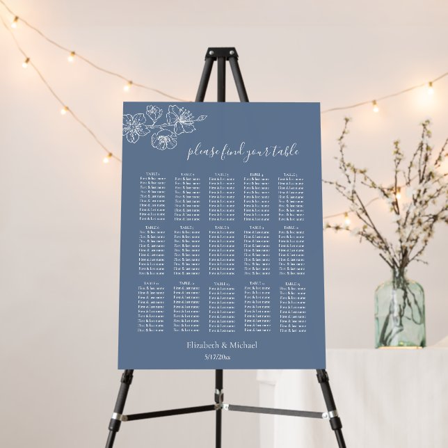Dusty Blue White Floral | Wedding Seating Chart Foam Board (In Situ (Stand))