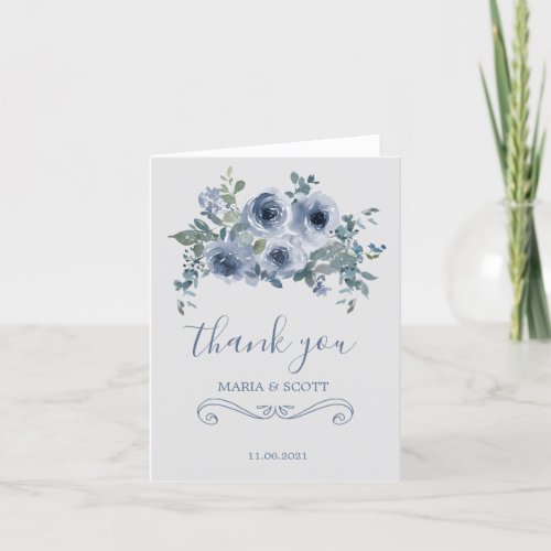 Dusty Blue White Floral Wedding Thank You Card
