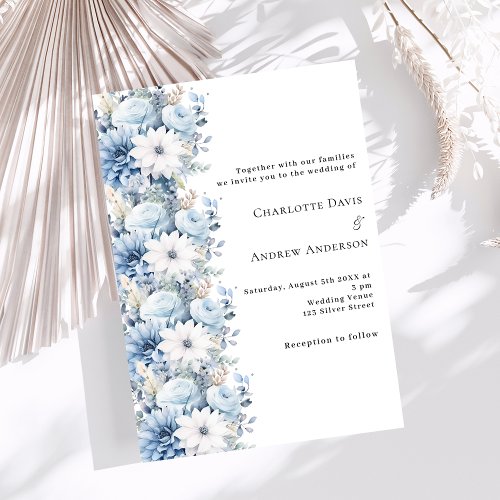 Dusty blue white florals elegant wedding invitation