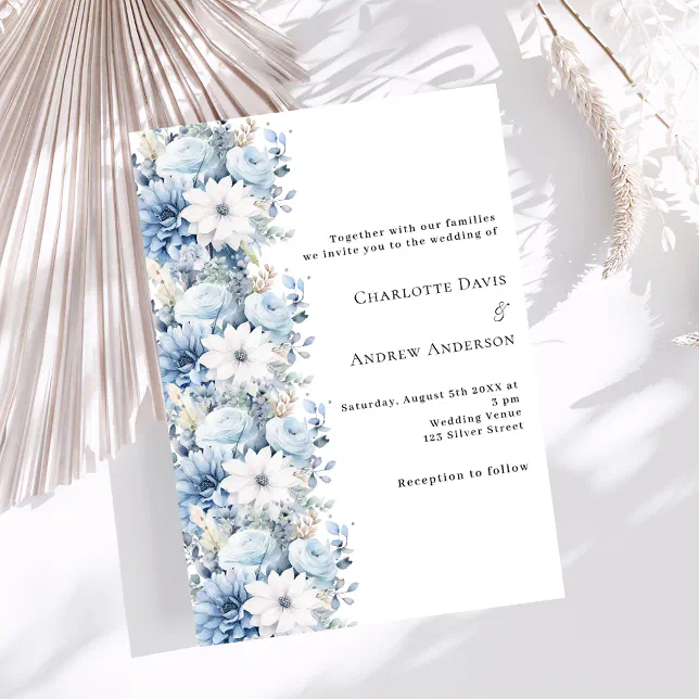 Dusty blue white florals elegant wedding invitation | Zazzle