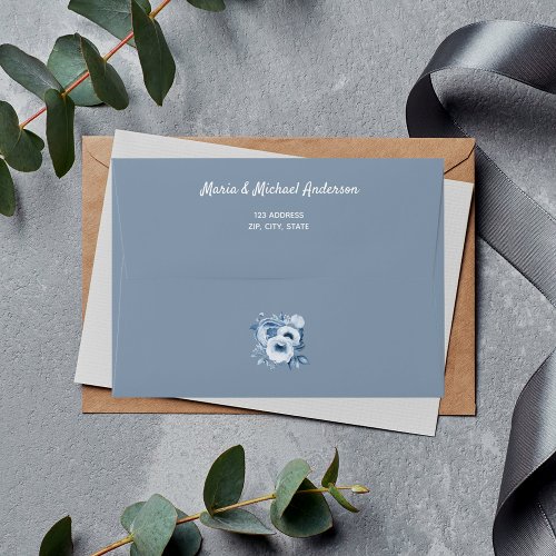 Dusty blue white florals flowers wedding envelope