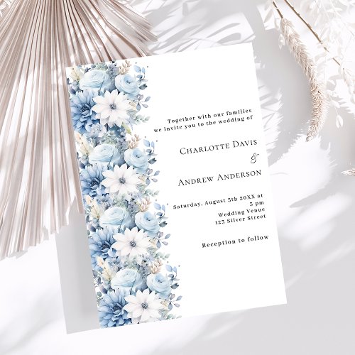 Dusty blue white florals luxury wedding invitation