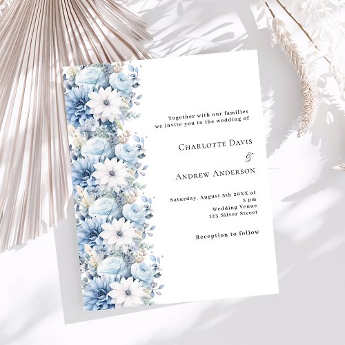 Dusty blue white florals wedding invitation