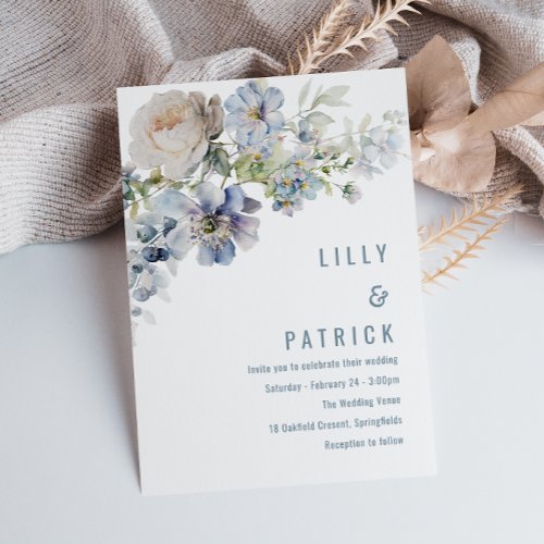 Dusty Blue  White Flowers Elegant Wedding Invitation