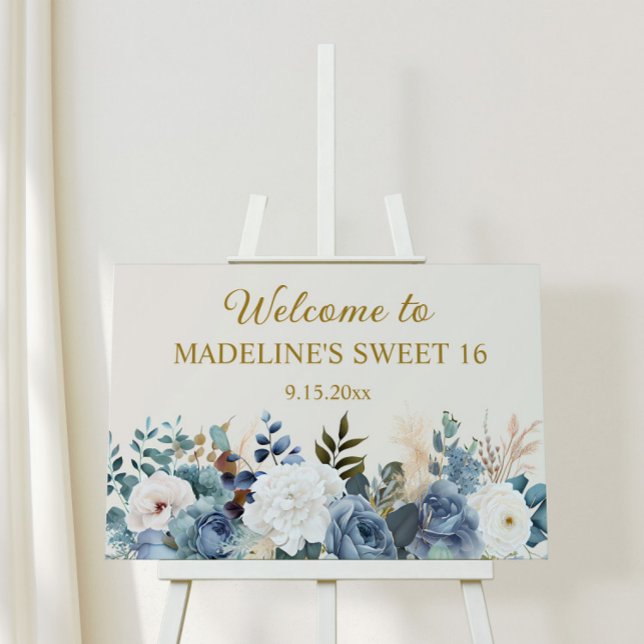 Dusty Blue White Flowers Sweet 16 Welcome Foam Board (Creator Uploaded)