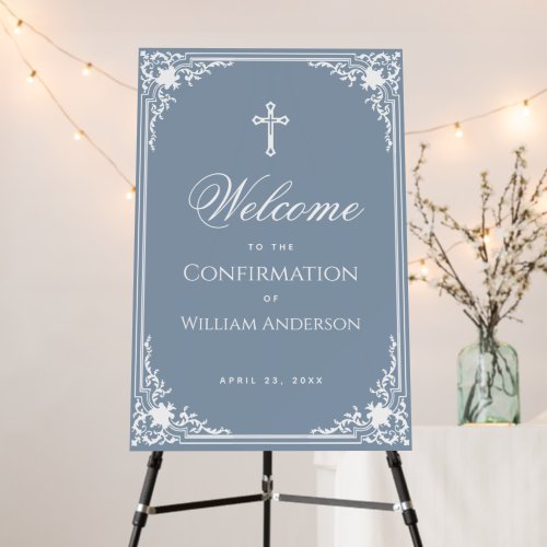 Dusty Blue White Frame Boy Confirmation Welcome Foam Board