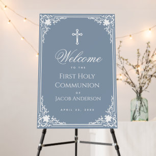 Dusty Blue White Frame Boy First Communion Welcome Foam Board