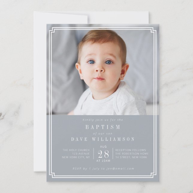 dusty blue white frame photo baptism invitation (Front)