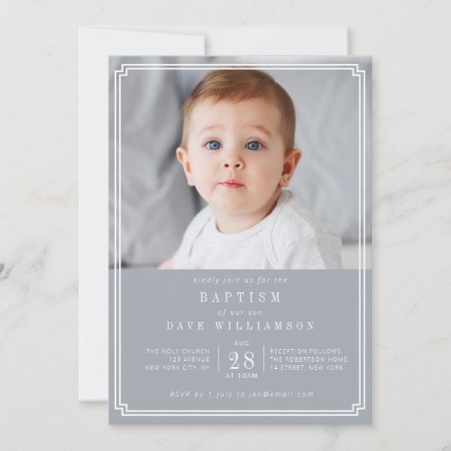 dusty blue white frame photo baptism invitation