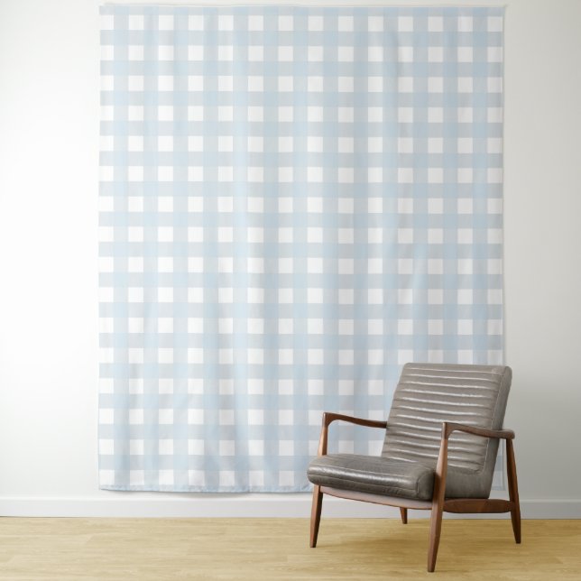 Dusty Blue & White Gingham Check Tapestry (In Situ)