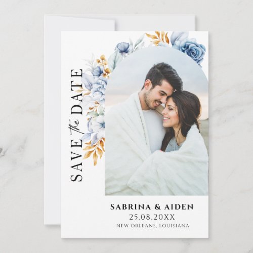 Dusty Blue White Gold Floral Arch Photo QR Code  Save The Date
