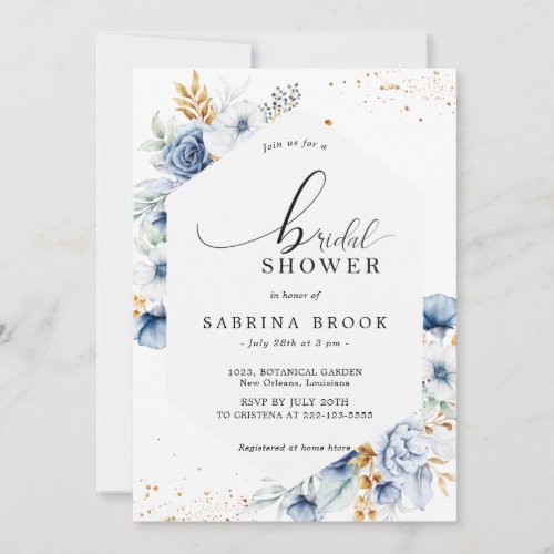 Dusty Blue White Gold Floral Bridal Shower  Invitation