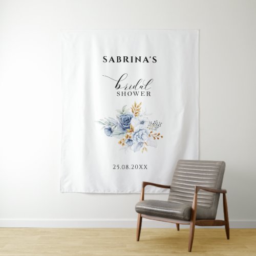 Dusty Blue White Gold Floral Bridal Shower Tapestry