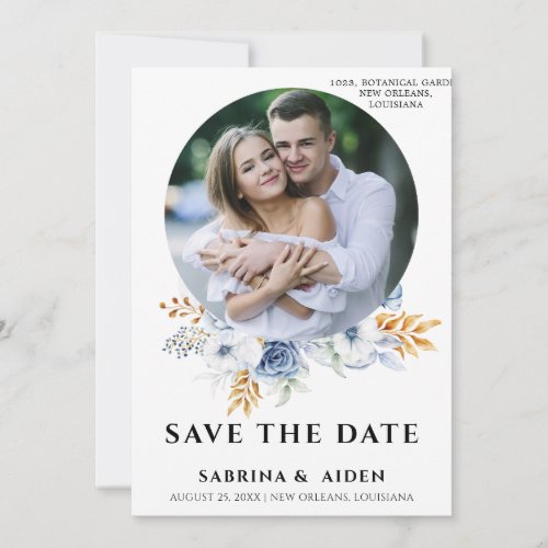 Dusty Blue White Gold Floral Photo  Save The Date