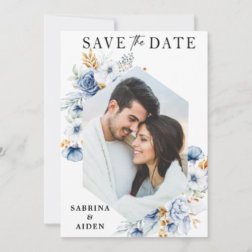 Dusty Blue White Gold Floral Photo  Save The Date