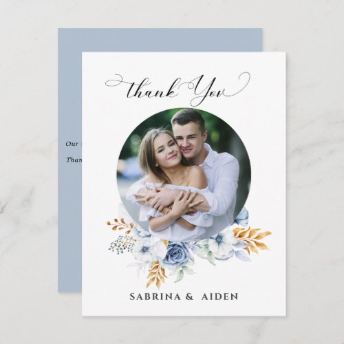 Dusty Blue White Gold Floral Photo Thank You Card