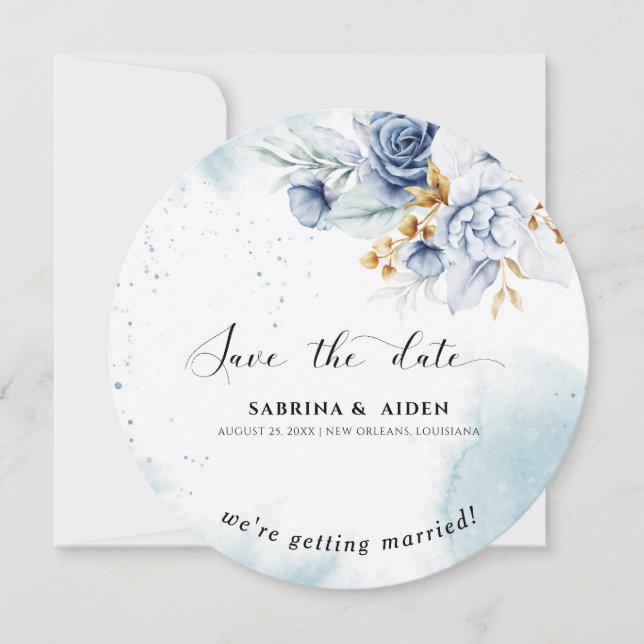 Dusty Blue White Gold Floral Photo Wedding  Invitation (Front)