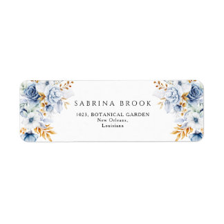 Dusty Blue White Gold Floral Wedding Address Label