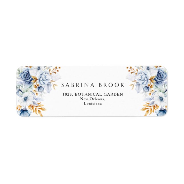 Dusty Blue White Gold Floral Wedding Address Label (Front)