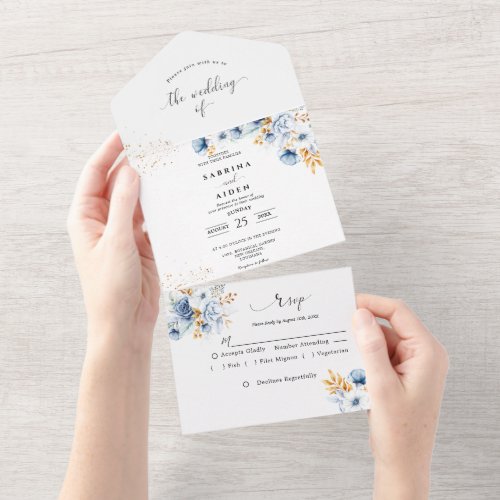 Dusty Blue White Gold Floral Wedding All In One Invitation