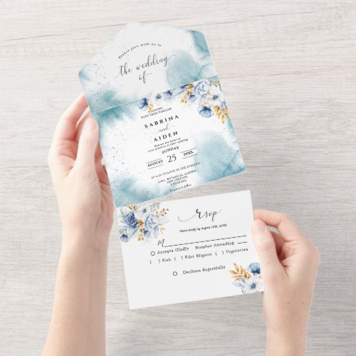 Dusty Blue White Gold Floral Wedding All In One Invitation