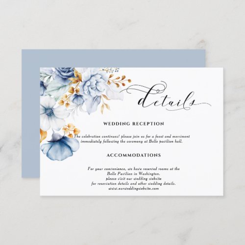 Dusty Blue White Gold Floral Wedding  Enclosure Card