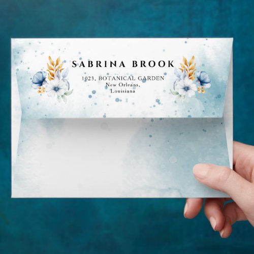 Dusty Blue White Gold Floral Wedding  Envelope