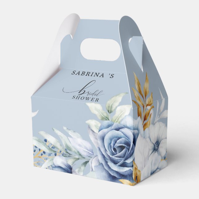 Dusty Blue White Gold Floral Wedding  Favor Boxes (Front Side)