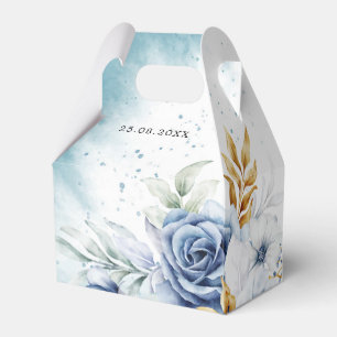 Dusty Blue White Gold Floral Wedding Favor Boxes