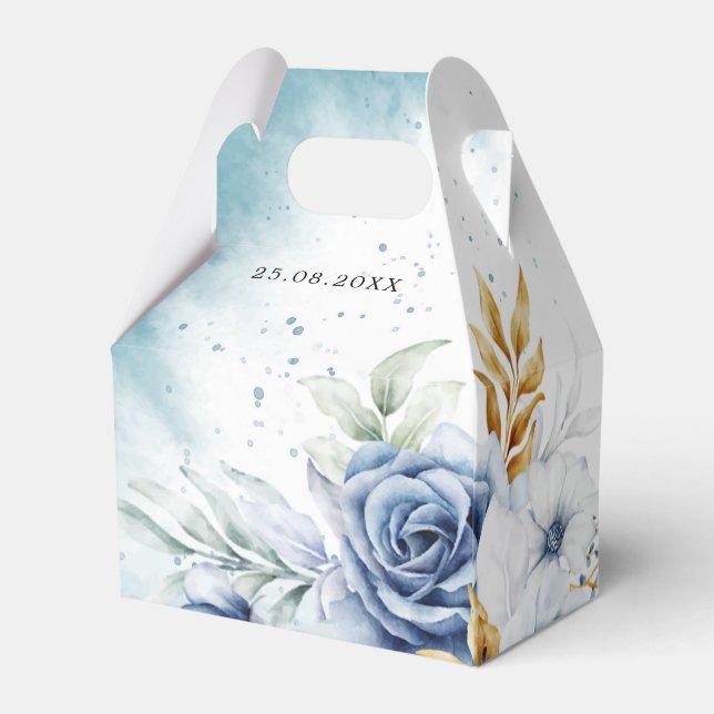 Dusty Blue White Gold Floral Wedding  Favor Boxes (Back Side)