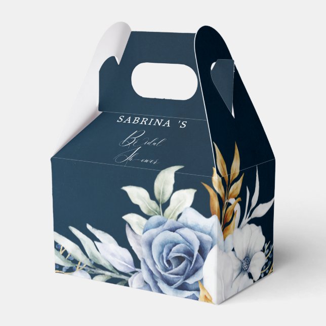 Dusty Blue White Gold Floral Wedding  Favor Boxes (Front Side)