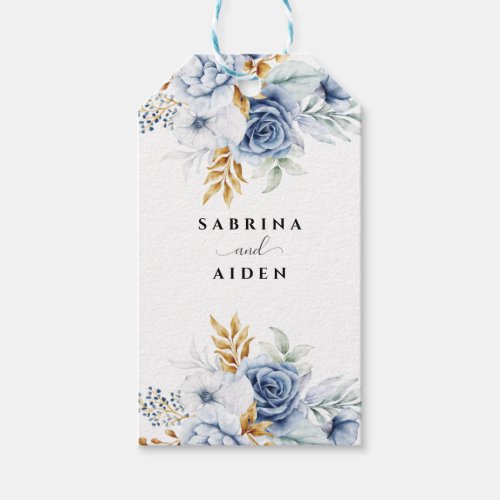 Dusty Blue White Gold Floral Wedding Gift Tags