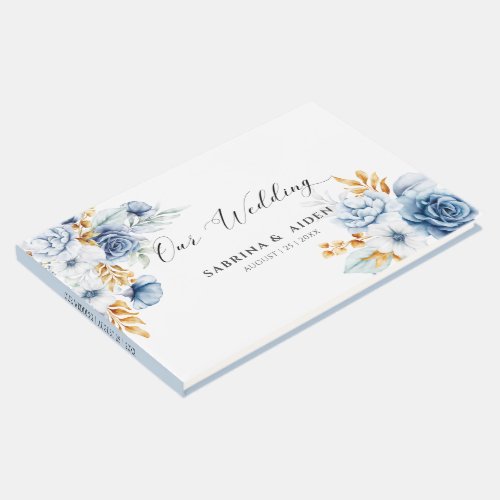 Dusty Blue White Gold Floral Wedding Guest Book