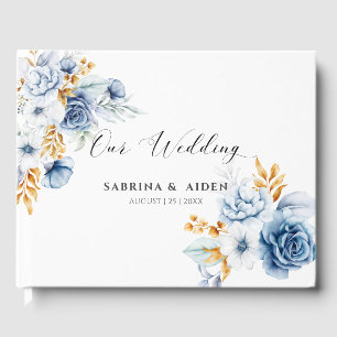 Dusty Blue White Gold Floral Wedding Guest Book