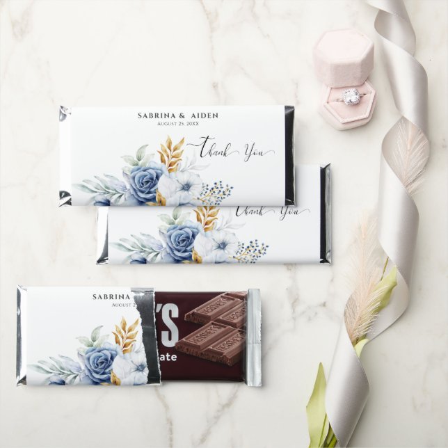 Dusty Blue White Gold Floral Wedding Hershey Bar Favors (Front)