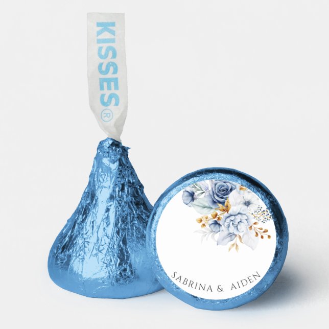 Dusty Blue White Gold Floral Wedding Hershey®'s Kisses® (Front)