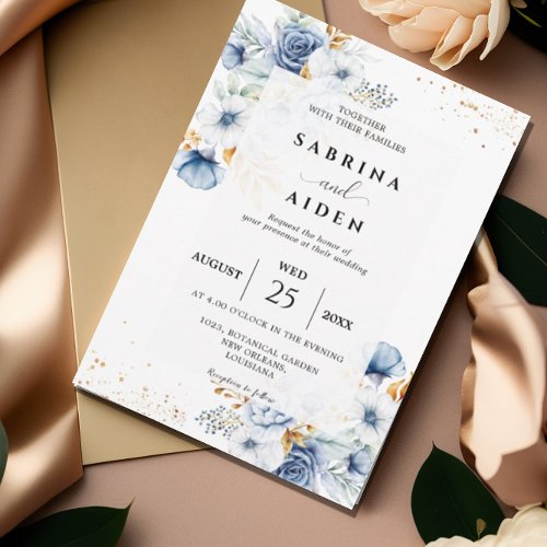 Dusty Blue White Gold Floral Wedding  Invitation