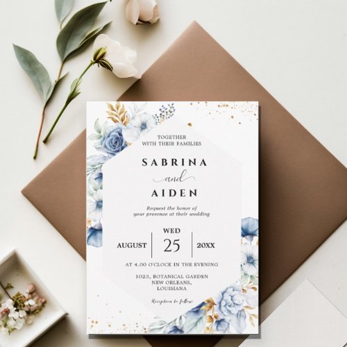 Dusty Blue White Gold Floral Wedding  Invitation