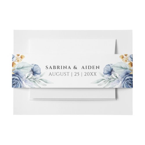 Dusty Blue White Gold Floral wedding  Invitation Belly Band