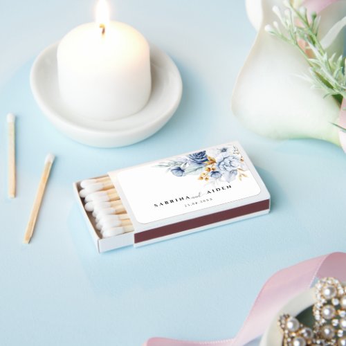 Dusty Blue White Gold Floral Wedding Matchboxes