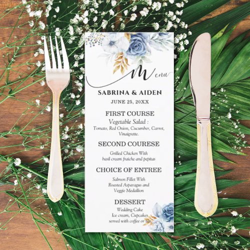 Dusty Blue White Gold Floral Wedding  Menu