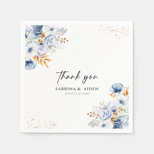 Dusty Blue White Gold Floral Wedding Napkins (Front)