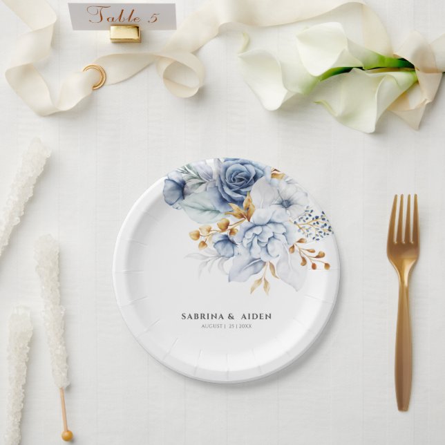 Dusty Blue White Gold Floral Wedding Paper Plates (Wedding)