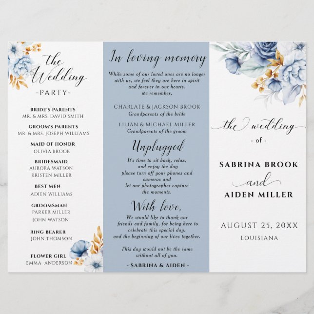 Dusty Blue White Gold Floral Wedding Program (Front)
