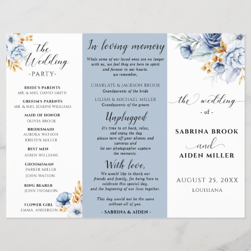 Dusty Blue White Gold Floral Wedding Program
